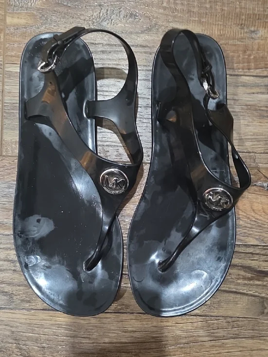 GUC Michael Kors Black Jelly Thong Sandals with Logo Medallions - Picture 2 of 3